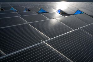 Detail of solar arrays seen on the roof of Mandalay Bay Hotel and Casino (part of MGM Resorts) along the Strip in Las Vegas, Nevada. This is one of the largest rooftop solar arrays in the nation.