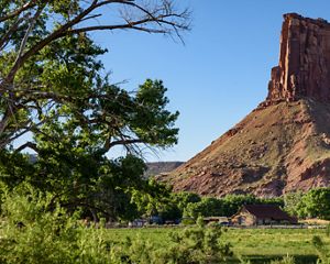 View of surrounding red rock cliffs at canyonlands.