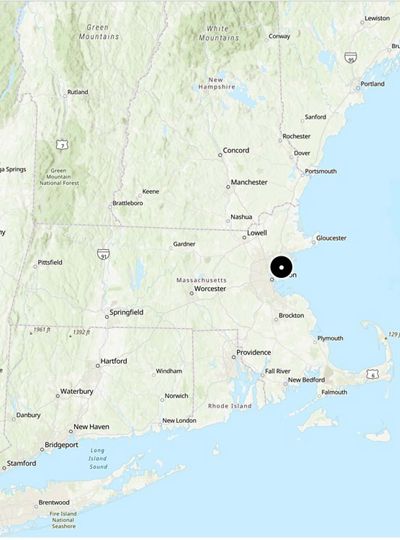 Map showing New England with a dot marking the location of Salem, Massachusetts.