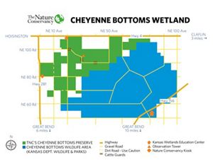 A map of the Cheyenne Bottoms Wetland with The Nature Conservancy’s Cheyenne Bottoms Preserve highlighted in green and the Cheyenne Bottoms Wildlife Area in blue.
