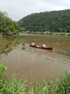 Two kayakers row along a river.