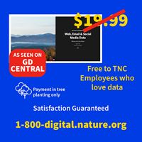 blue spoof ad advertising data "free to TNC employees who love data" with the number 1-800-digital.nature.org in yellow font