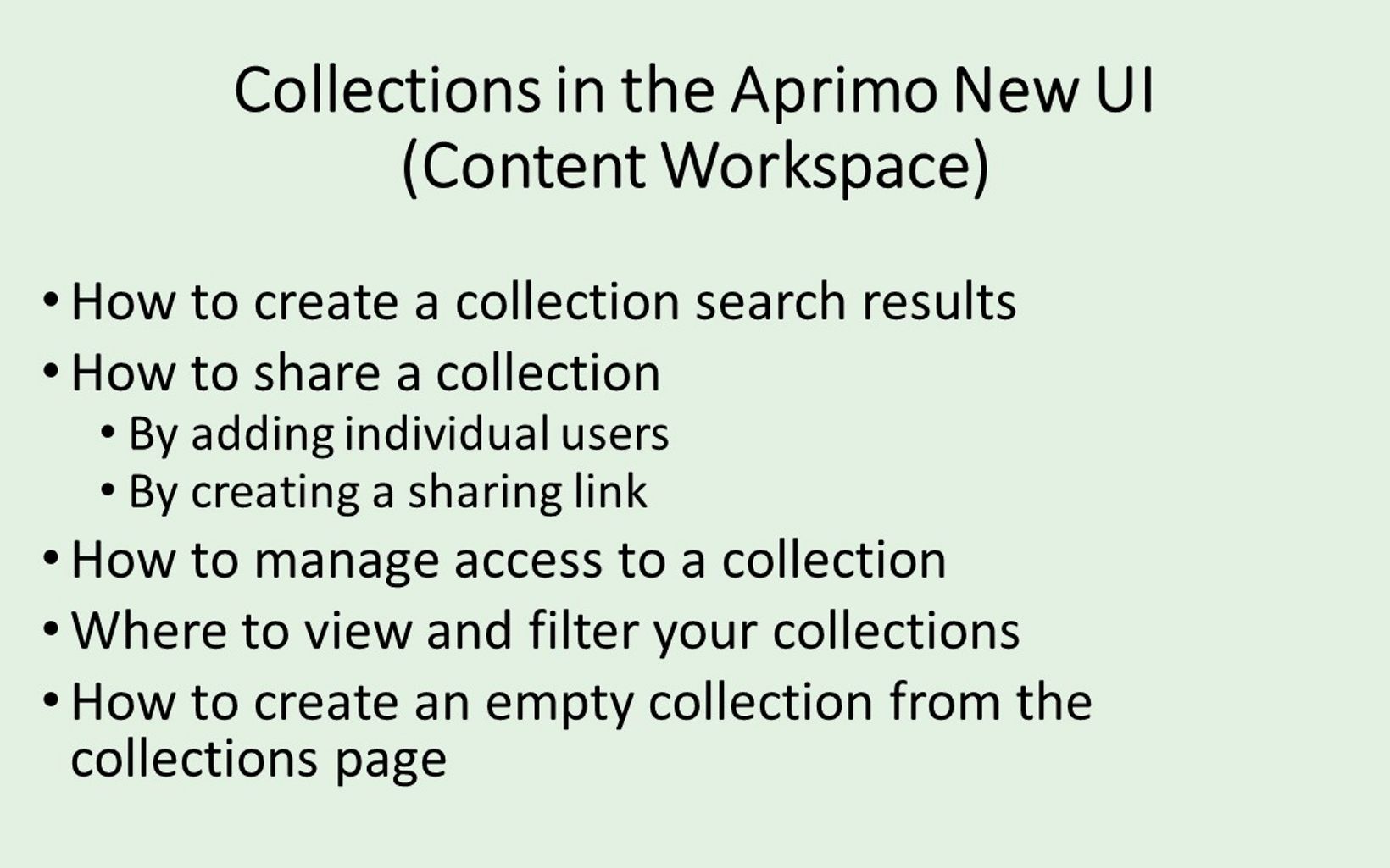 agenda for video on how to create and share collections in new UI Aprimo