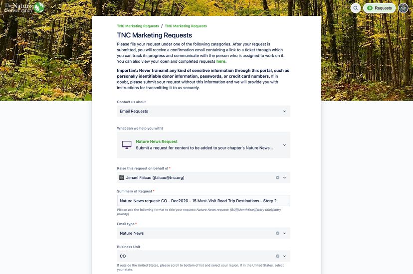 screenshot of completed jira form for submitting nature news stories