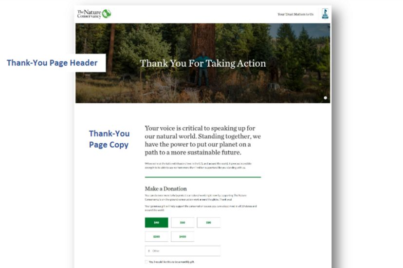 Screenshot of TNC action page thank you page with sections labeled