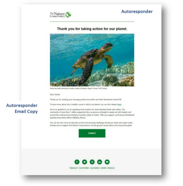 Screenshot of TNC action email autoresponder with sections labeled