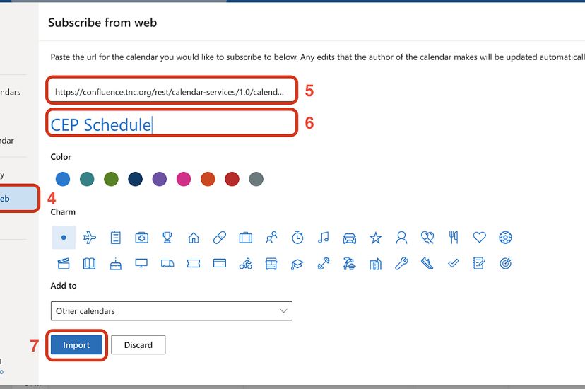 screenshot of outlook calendar subscribe screen with annotations