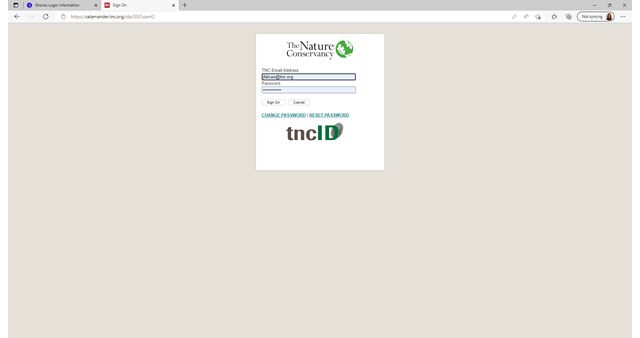 screenshot of TNC SSO login screen with TNC email and password used to log in 