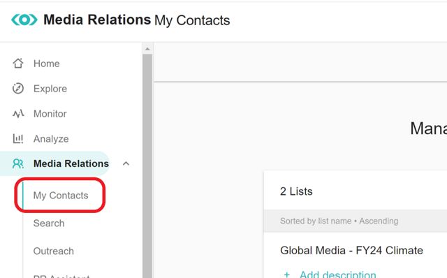Screenshot of the Meltwater Media Relations screen with My Contacts circled in red. 