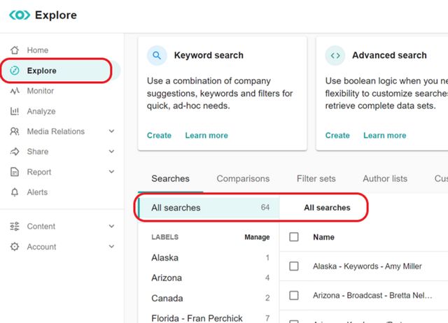 Screenshot of Meltwater explore landing page with the menu of labels and corresponding searches.
