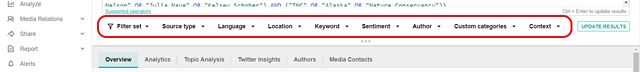 Screenshot of Meltwater search screen in Explore with the toolbar of search filters circled in red. 