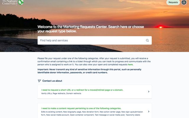 Screenshot of Jira Service Desk Marketing Requests Portal landing page