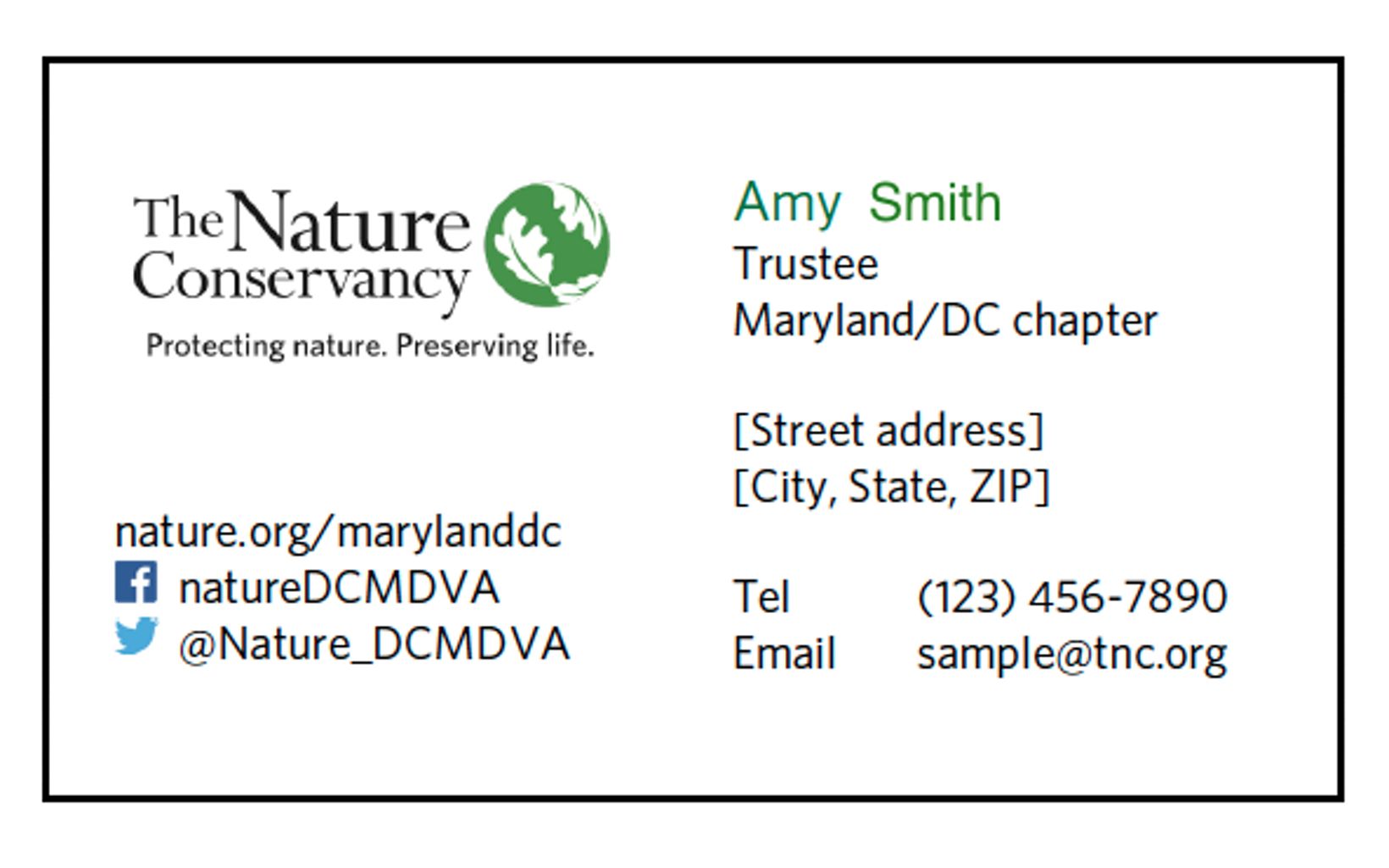nature.org/marylanddc vanity URL Business card design for Maryland/DC trustees including chapter vanity URL.  