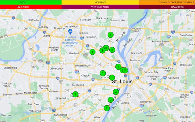 Map of St. Louis region with green dots indicating air quality of that site.