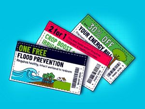 illustration of 3 clippable coupons, with dotted lines and barcodes. 1 with a tree image says "Up to 30% off your energy bill." The next says "2 for 1 Crop Boost + Irrigation. This deal holds water! Requires living soil & healthy microbes." The last, with images of a house, mangroves and a wave, says "One Free Flood Prevention, requires healthy, intact wetland to redeem." The coupons are set against a blue background.