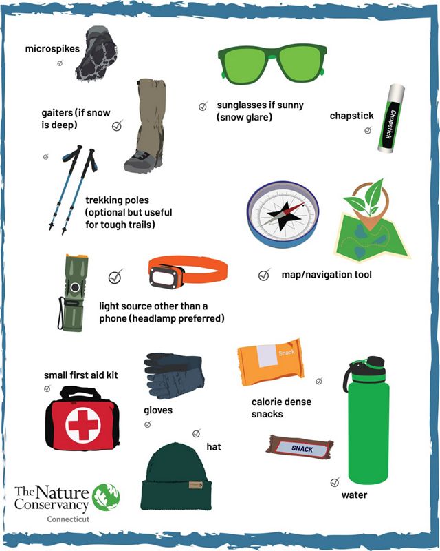 A checklist graphic from The Nature Conservancy Connecticut displaying essential hiking items. Including microspikes, gaiters, sunglasses, chapstick, trekking poles, navigation tools and a headlamp.