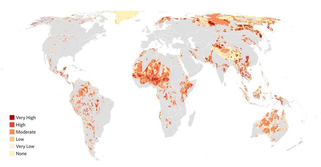Almost 60% of Indigenous Peoples’ lands around the world, the equivalent of nearly 7x the size of India, face the threat of conversion for commercial agriculture, mining, oil and gas extraction, renewables and urbanization. High conversion threat (in dark red) occurs where high industrial development pressures intersect with lands in good ecological condition.