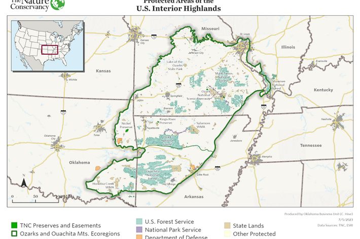 A map showing an outline of the Interior Highlands area that includes parts of Missouri, Arkansas, Oklahoma and Kansas.