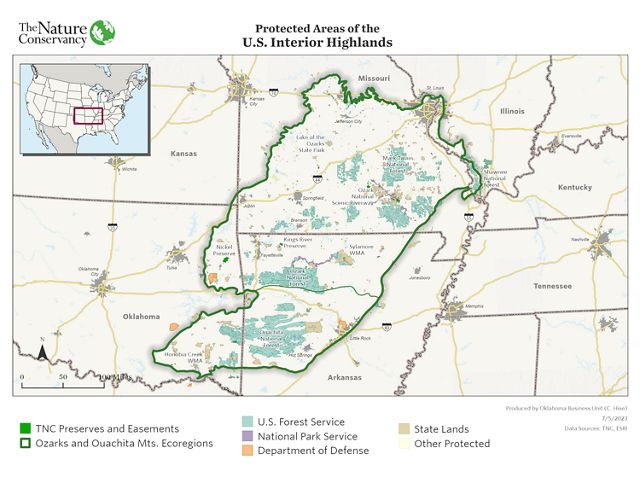 A map showing an outline of the Interior Highlands area that includes parts of Missouri, Arkansas, Oklahoma and Kansas.