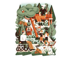 an illustration of diverse people using a park, including someone in a wheelchair, someone with a stroller and someone with a white cane.