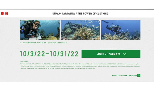 Images of in-store and online messaging from UNIQLO supporting healthy oceans