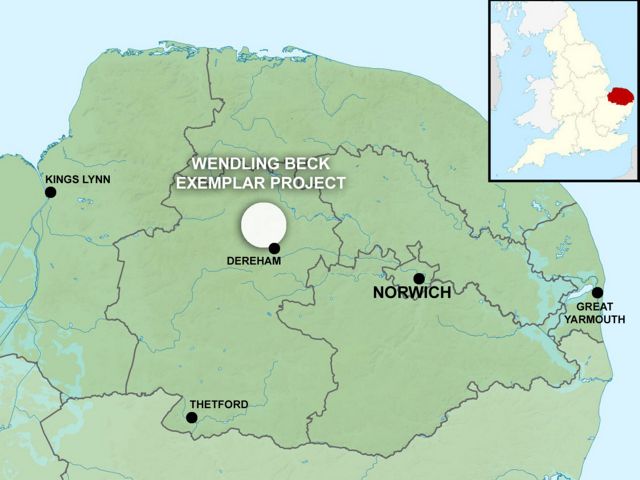 Map of western England showing the location of the Wendling Beck Environment Project.
