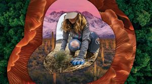 A layered graphic featuring forests, deserts, and at the center a woman wearing gloves working in the soil in a field.