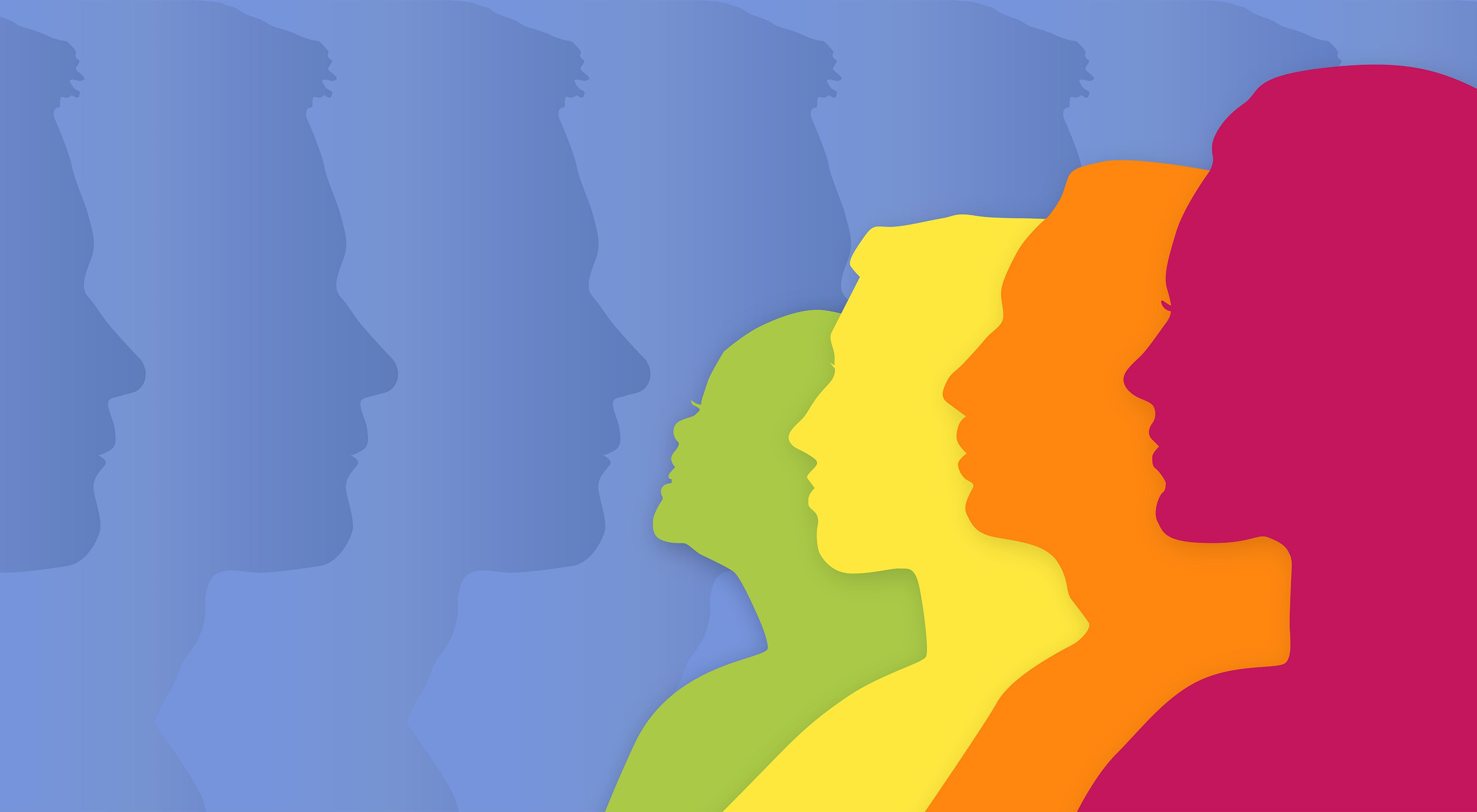 illustration of colorful silhouetted faces in a line