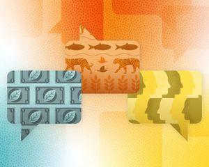 an illustration of three speech bubbles with imagery of people, animals, plants, and money with leaves on it.