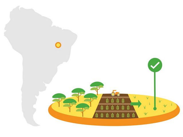 Icon of South America with a mark over Brazil. It's next to a graphic of crops with an arrow pointing to ideal land.