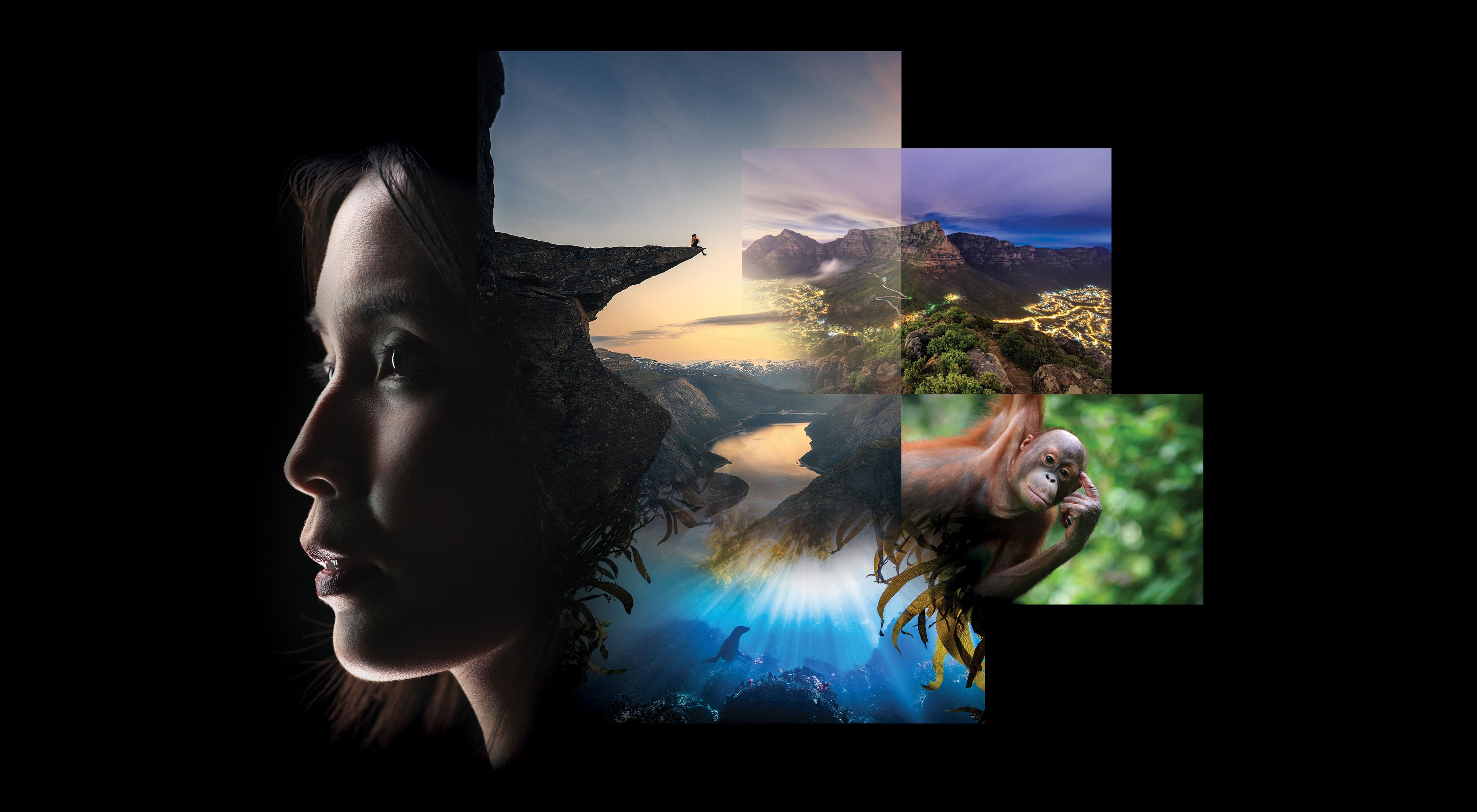 a collage of landscape, underwater, and animal photos with a silhouette of a woman against a black background