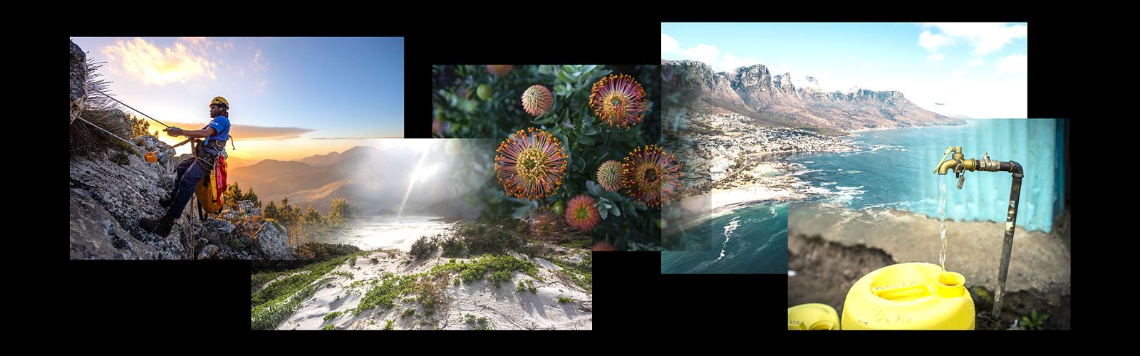 a collage of photos showing scenes from Cape Town, South Africa, including a worker scaling a mountain, landscape scenes, and a water spigot, against a black background
