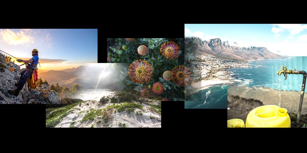 a collage of photos showing scenes from Cape Town, South Africa, including a worker scaling a mountain, landscape scenes, and a water spigot, against a black background
