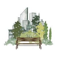 A color illustration of a park bench in a city.