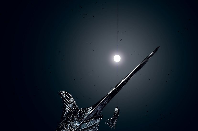 A swordfish in the dark depths of the ocean circles near a lighted bait hook.
