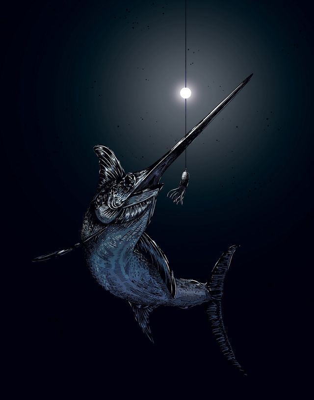 A swordfish in the dark depths of the ocean circles near a lighted bait hook.