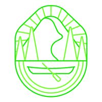 an illustration of park badge with a mountain and canoe