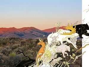 Illustrated animals travel across a photo of mountains and forests.