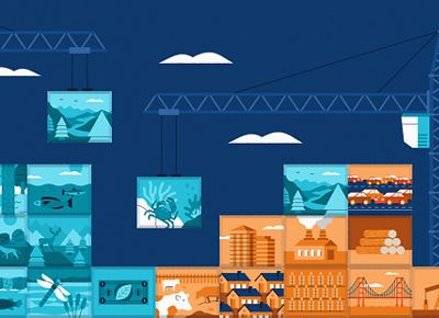 Illustration of building blocks representing natural scenes and human scenes such as buildings, being stacked together with a crane.