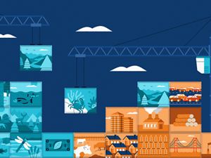 illustration of building blocks representing natural scenes and human scenes such as buildings, being stacked together with a crane