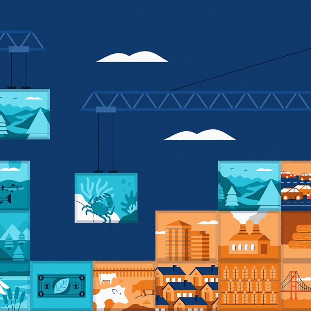 Illustration of building blocks representing natural scenes and human scenes such as buildings, being stacked together with a crane.