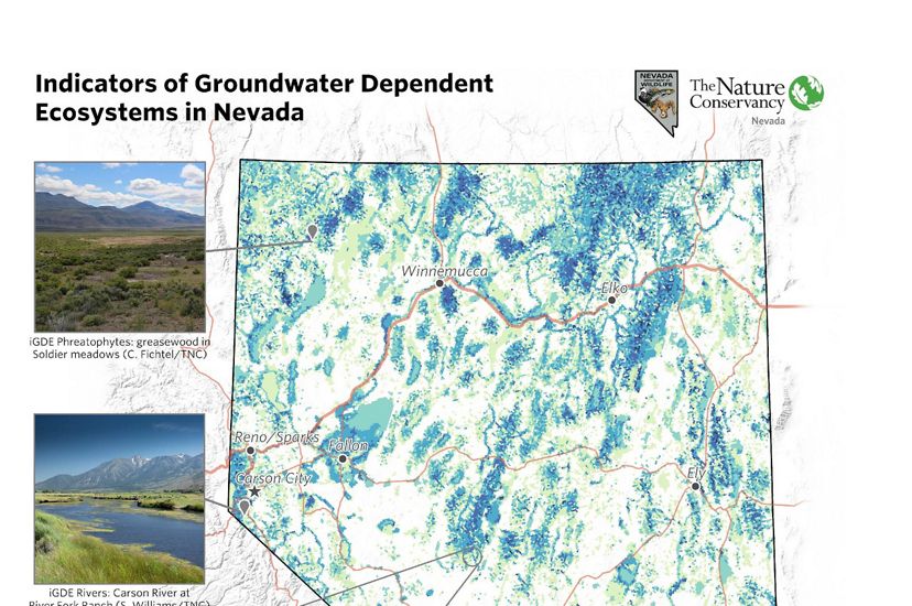 A map of groundwater depended ecosystems in Nevada. Markers are at Soldier Meadows, Carson River at River Fork Ranch, and Crystal Spring at Ash Meadows Wildlife Refuge.