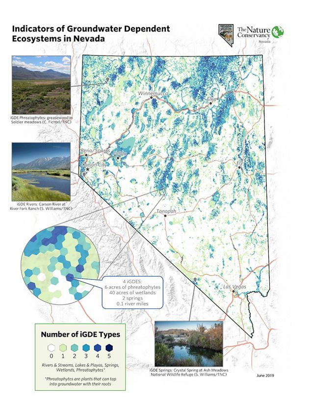 A map of groundwater depended ecosystems in Nevada. Markers are at Soldier Meadows, Carson River at River Fork Ranch, and Crystal Spring at Ash Meadows Wildlife Refuge.