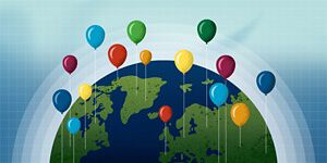 Animated graphic of the Earth from space with different colored balloons floating up from locations, with an aura radiating from the planet.
