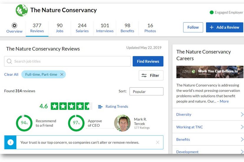 The Nature Conservancy’s GlassDoor webpage (screenshot)