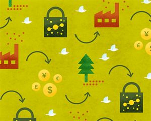 Graphic illustrating the system for buying and selling credits in a carbon market.