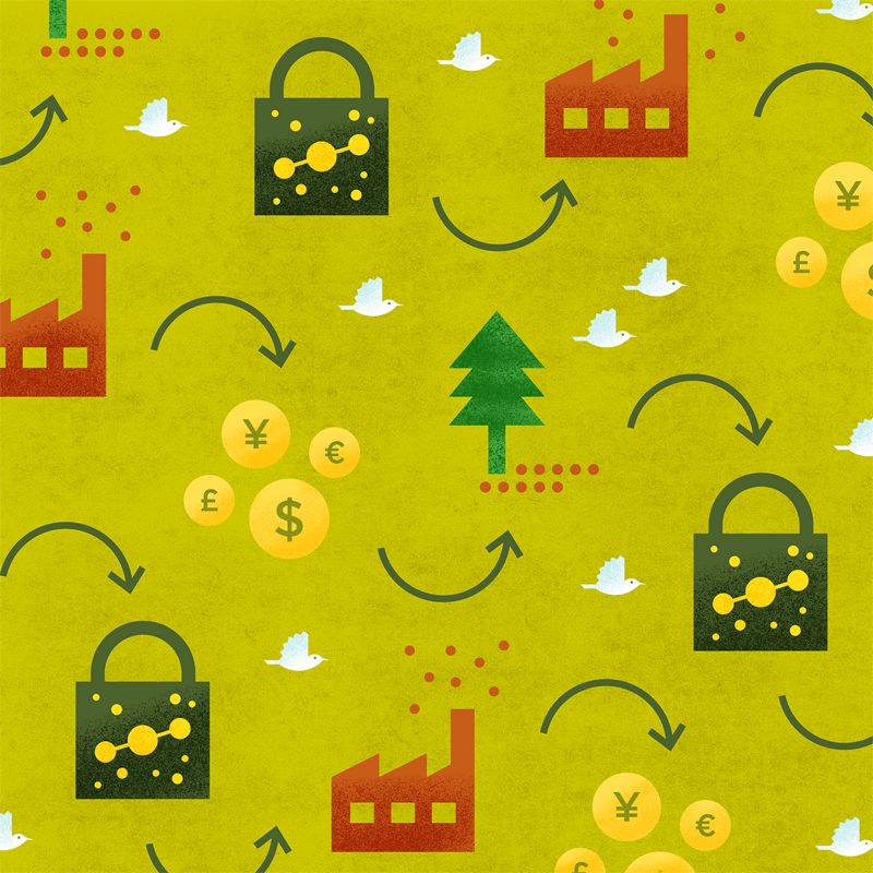 Graphic illustrating the system for buying and selling credits in a carbon market.