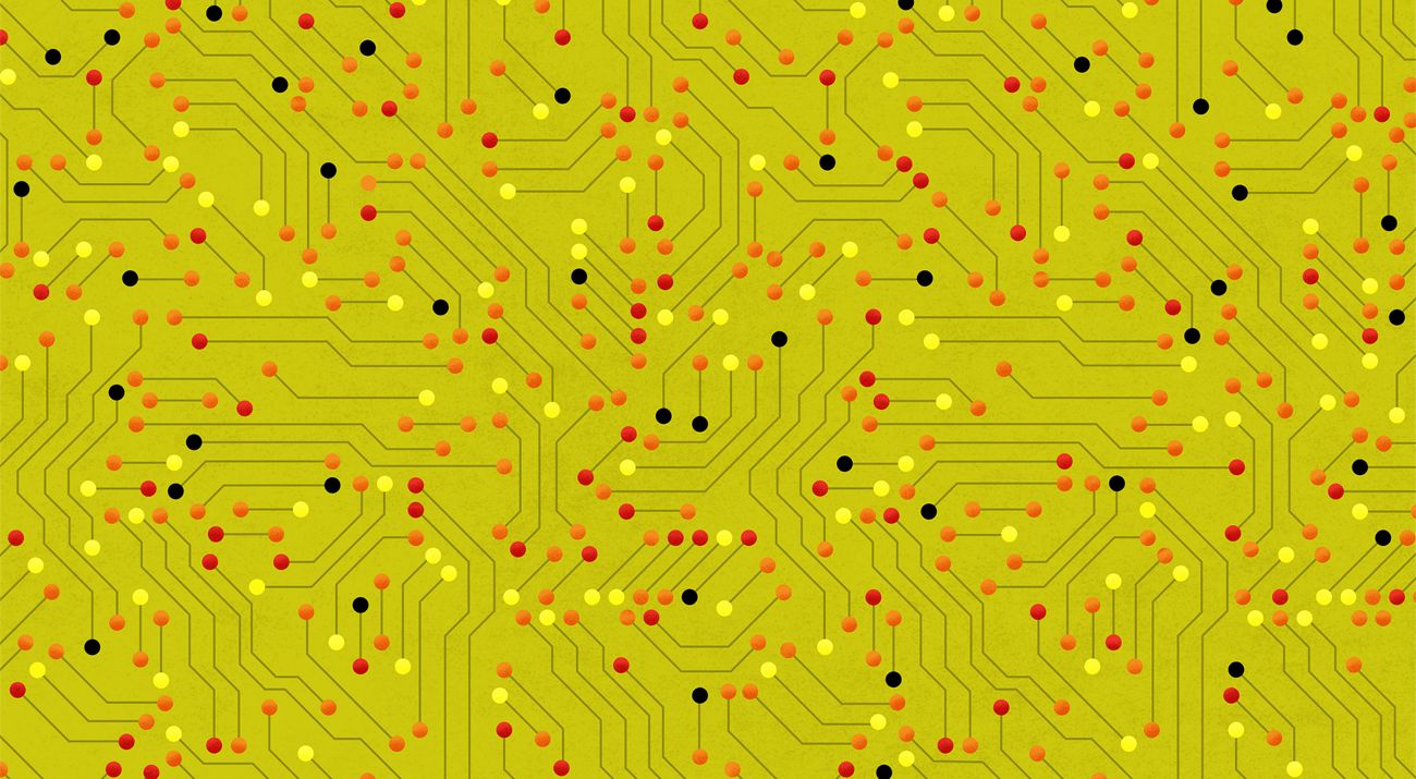 An abstract pattern based on a circuit board, with red, orange, and yellow nodes and a lime green background