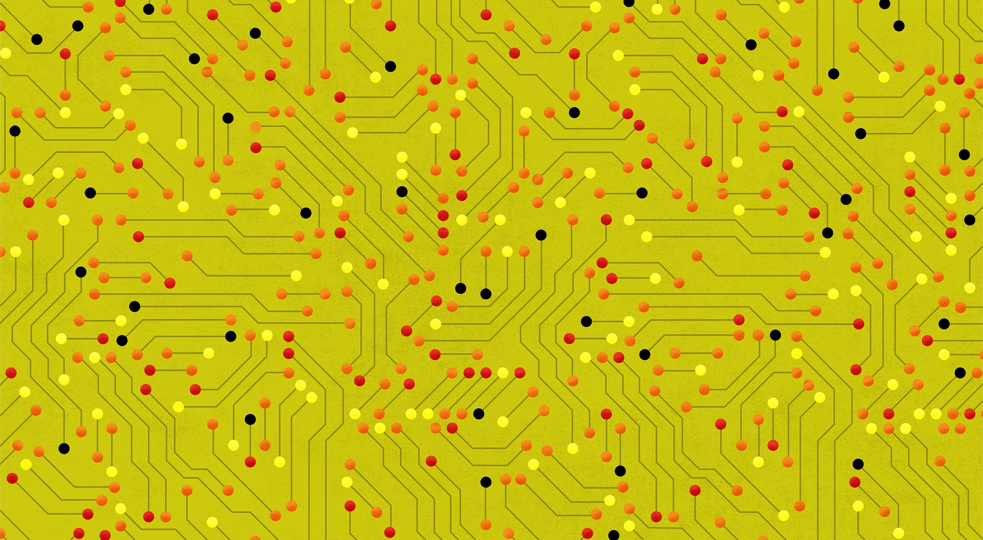 Graphic showing technology circuits on a yellow field.