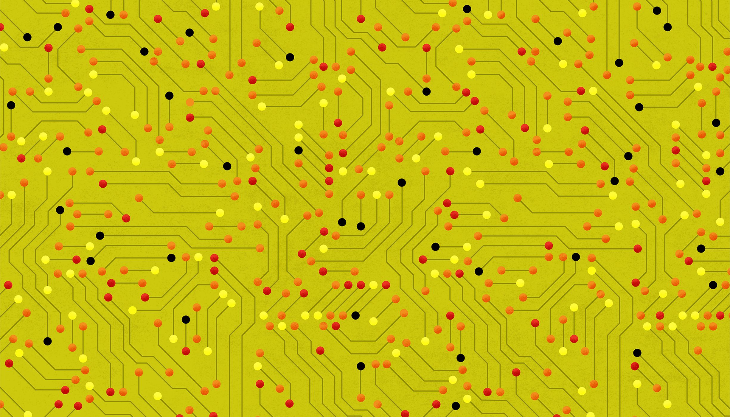 an abstract pattern based on a circuit board, with red, orange, and yellow nodes and a green background